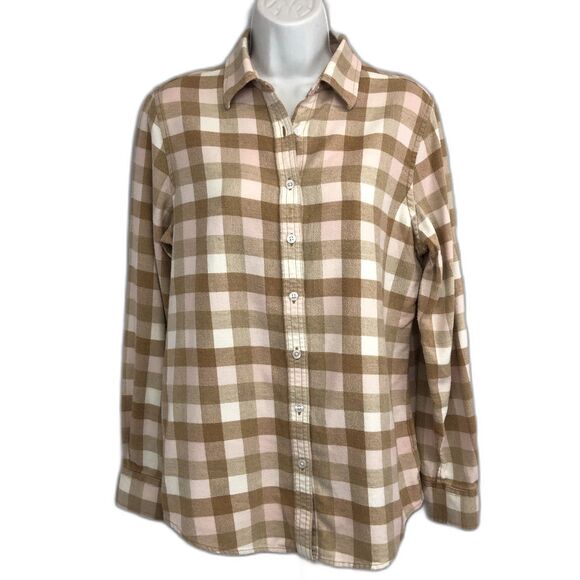 Lands End Womens Flannel Shirt Top Size 10 Long Sleeve Button Down Tan Pink - Picture 1 of 12